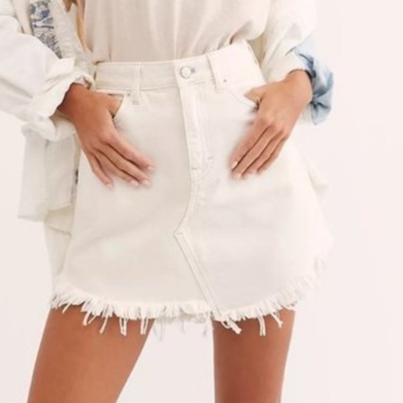 Free People Dresses & Skirts - Free People High Waisted Coconut Denim Skirt Asymmetrical Raw Hem In Off White